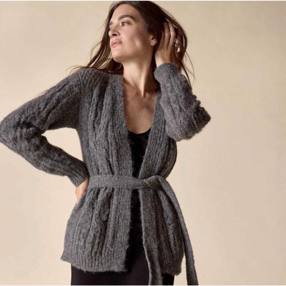 St. Roche Cora Cardigan Sweater Alpaca Blend Cable Knit Tie Belt Gray XS NEW